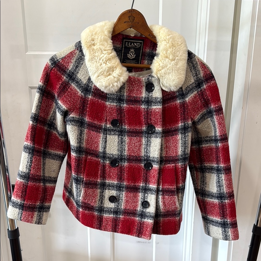 Eland Kids wool Plaid Pea Coat with Cream furry soft Collar UK 165/88a